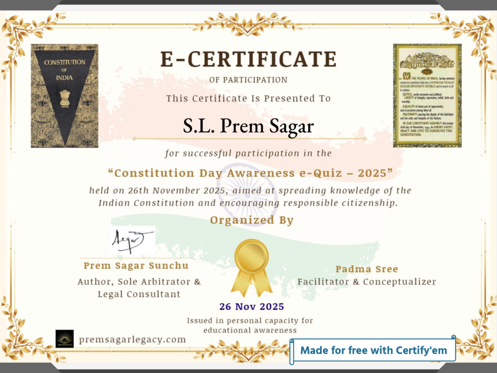 E Quiz-Certificate for S.L. Prem Sagar for _Constitution Day E-Quiz 2025_